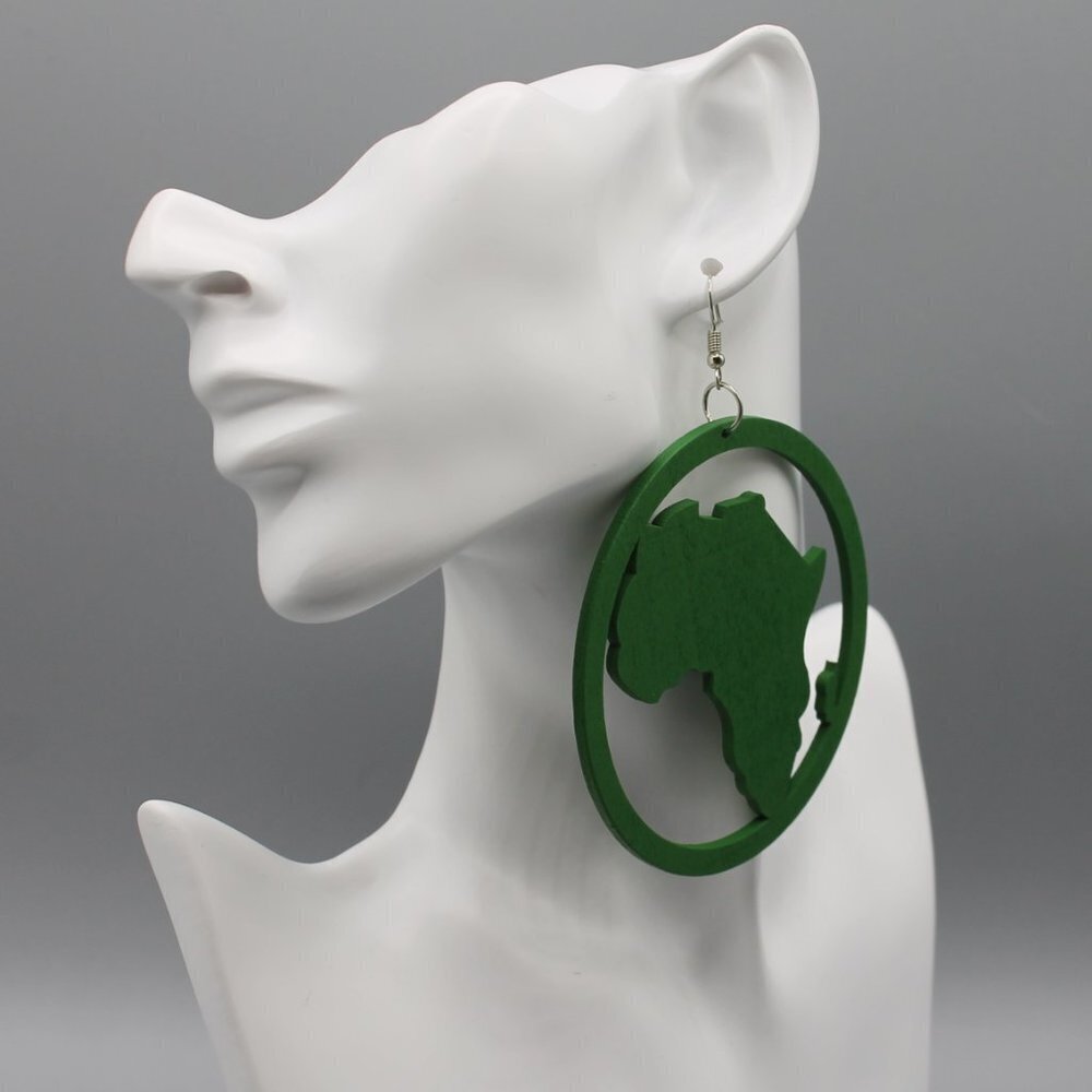 Jewelry earrings statement large round drop dangle Africa green wood brand new - Picture 3 of 9